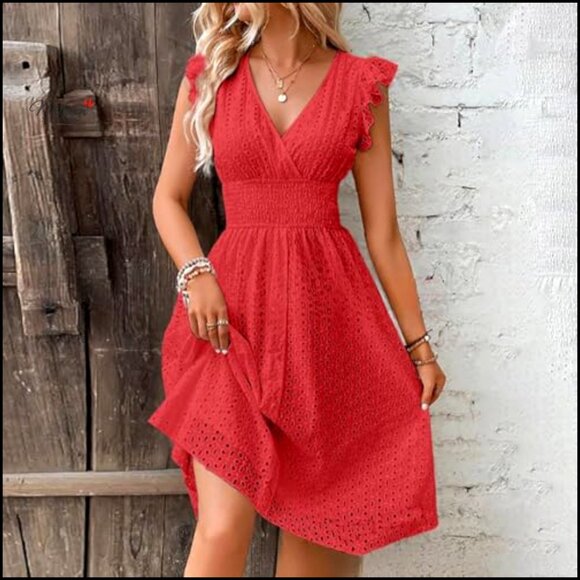 V-Neck Sleeveless Lace Ruffle Midi Dress Summer Casual Beach Vacation - Picture 2 of 6